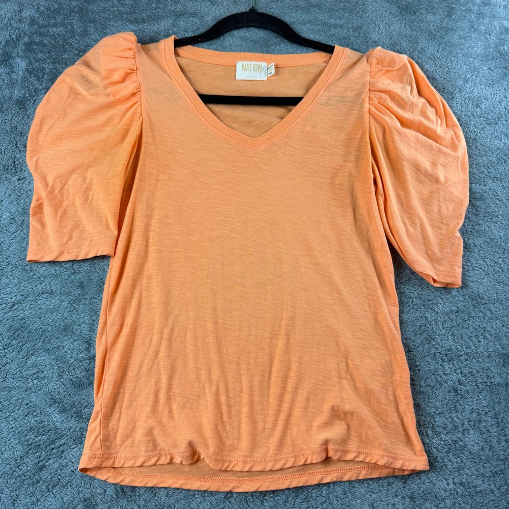 Nation LTD Apricot Orange Pima Cotton Puff Sleeve V-Neck Slub Tee XS